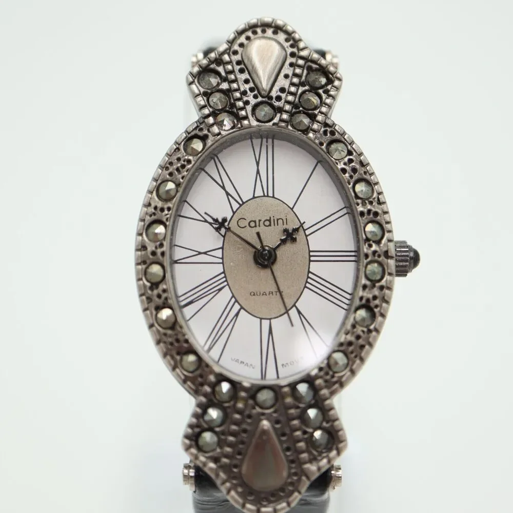 Cardini Marcasite Watch Women 24mm Silver Tone Roman Black Leather w New Battery